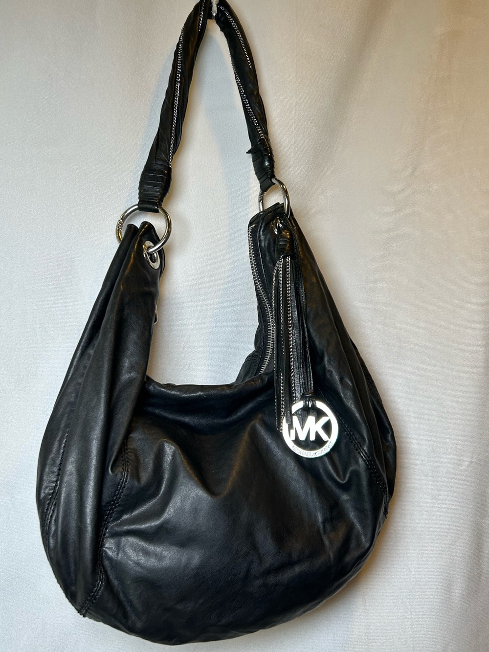 Michael Kors Black Leather Slouchy Hobo Shoulder Bag Tassel Silver Chain Detail